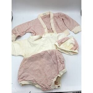 Vintage Knitfashion Baby 3pc Set 12mo Red Stripe Cardigan Romper Bonnet